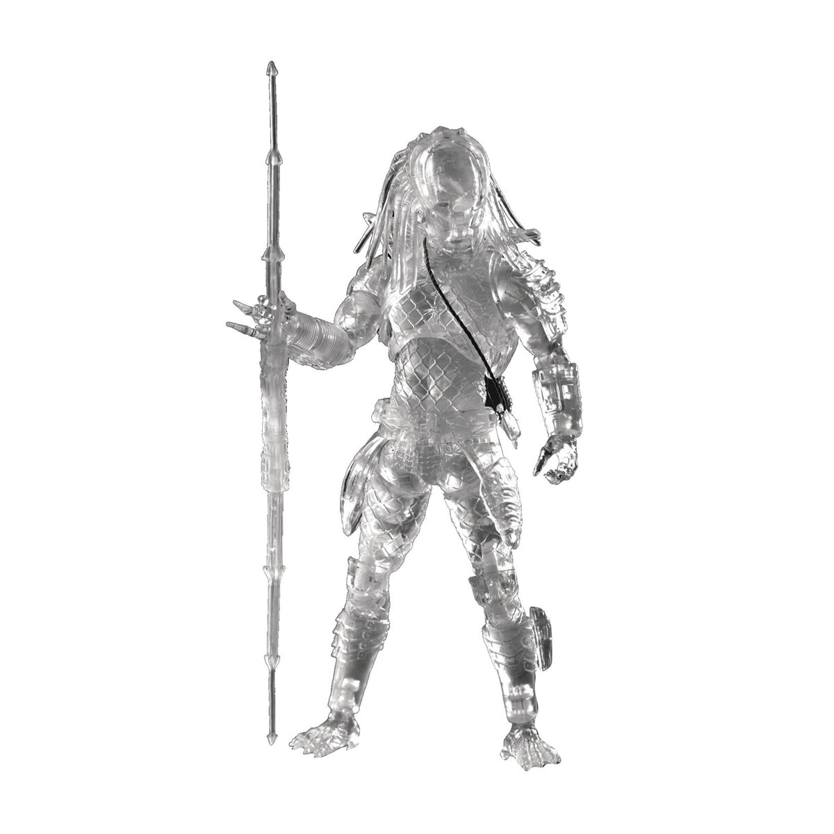 Clear plastic action figure of a character holding a spear on a white background