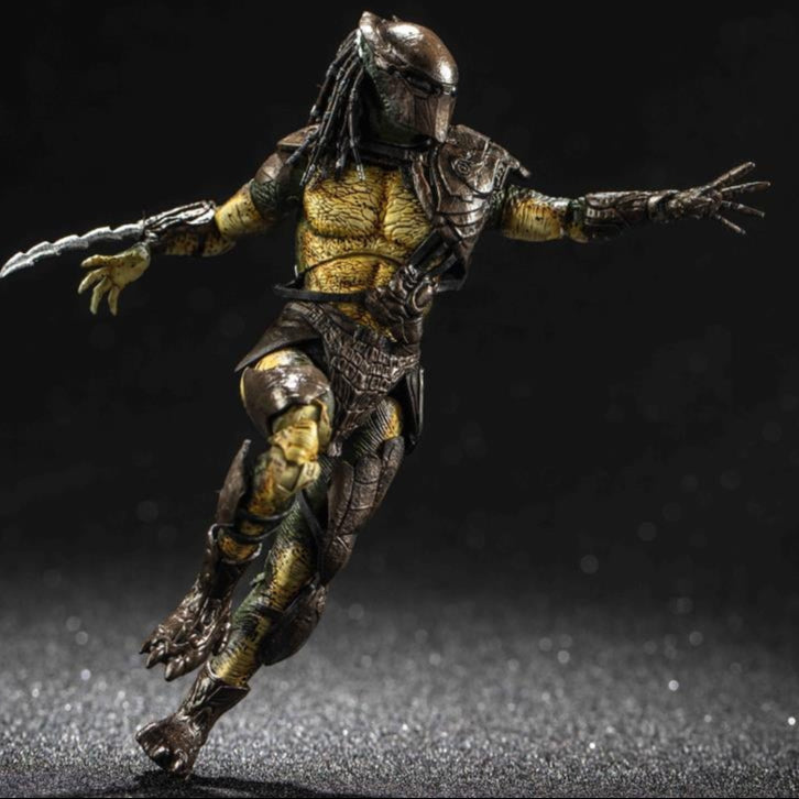 Action figure of a character in a dynamic pose on a dark background