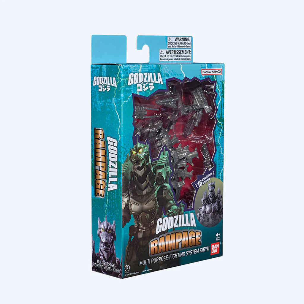 Godzilla Rampage Multi Purpose Fighting System Kiryu in its original retail packaging, featuring a blue and green box with character artwork and a clear window displaying the toy and accessories. - Action Figures - Movies - Godzilla & Kong