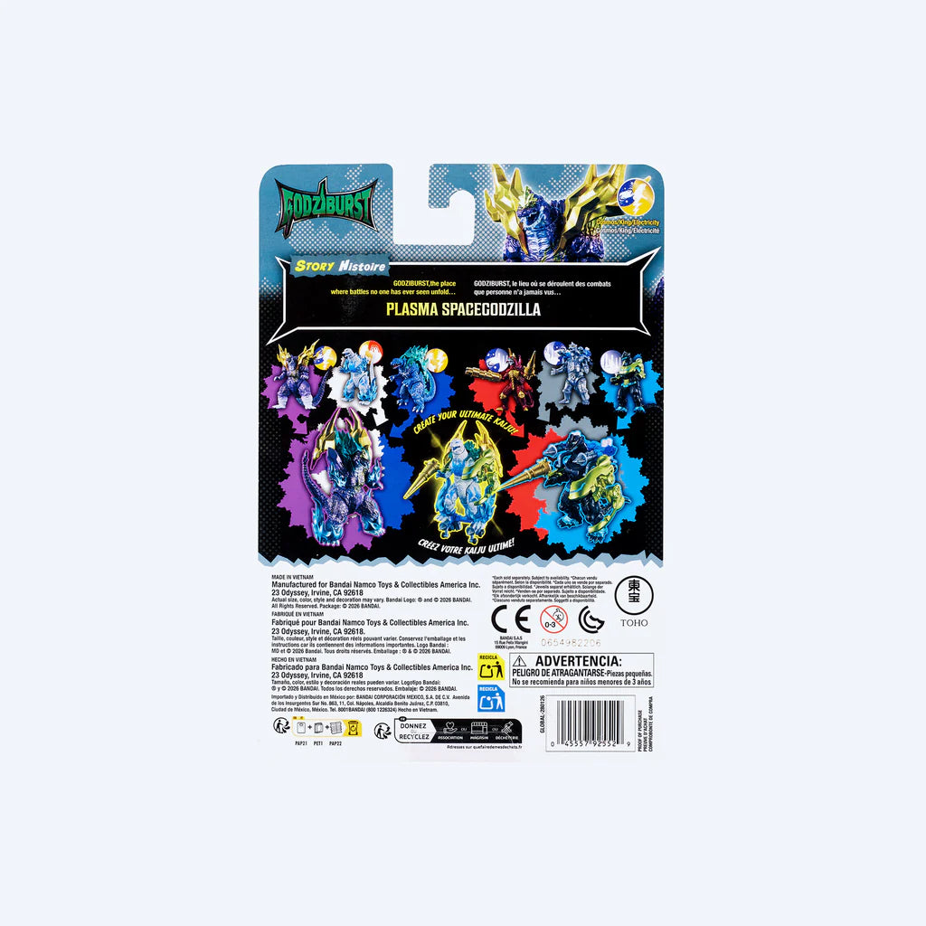 Back of a packaged toy card featuring the Godziburst Space Godzilla, with character illustrations and product information. - Action Figures - Movies - Godzilla & Kong