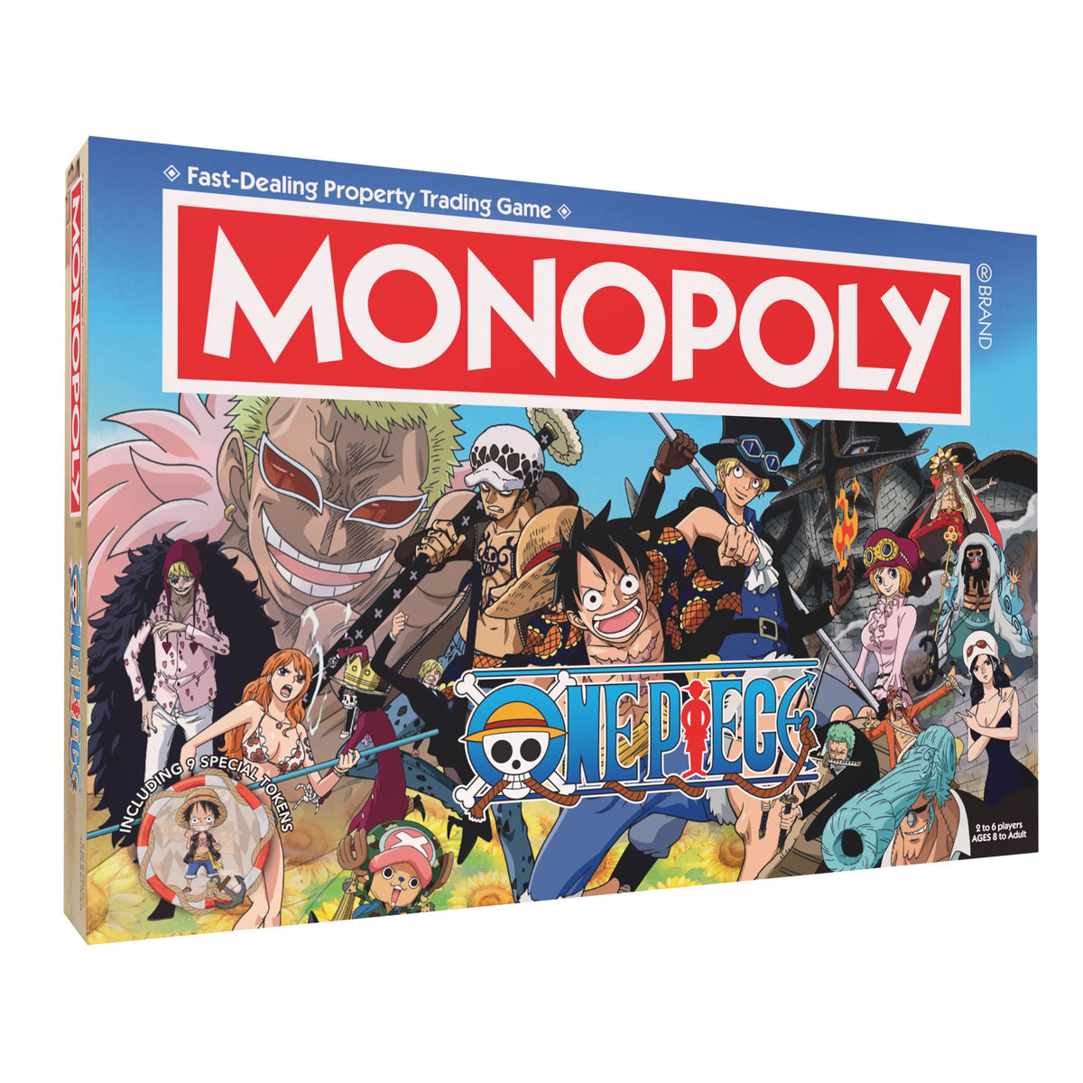 Monopoly One Piece board game box with character illustrations on a white background