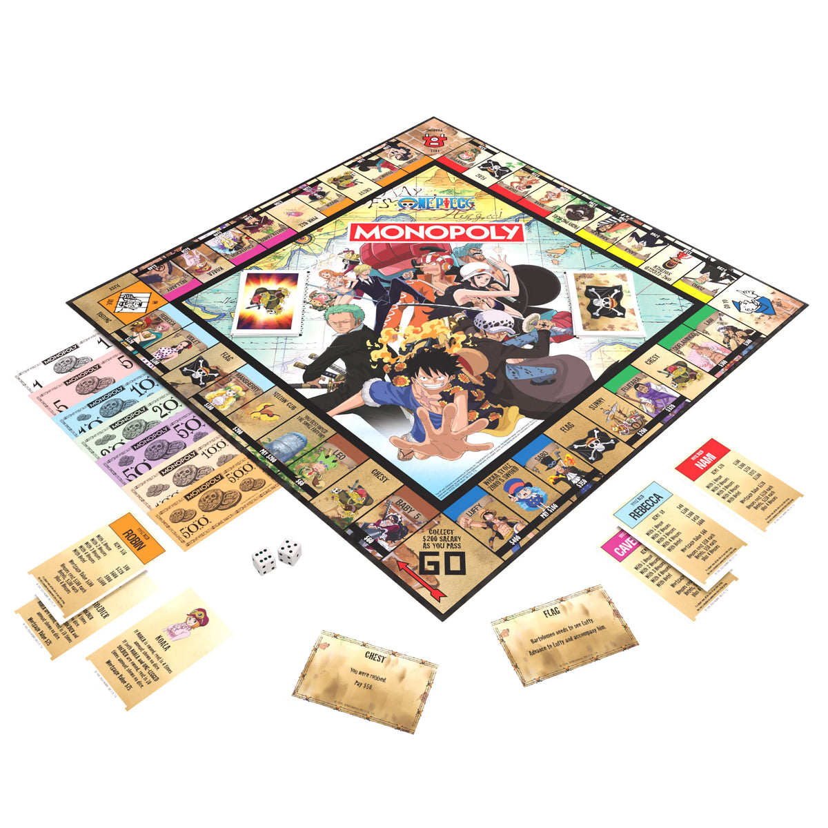 Monopoly game board with One Piece characters on a white background