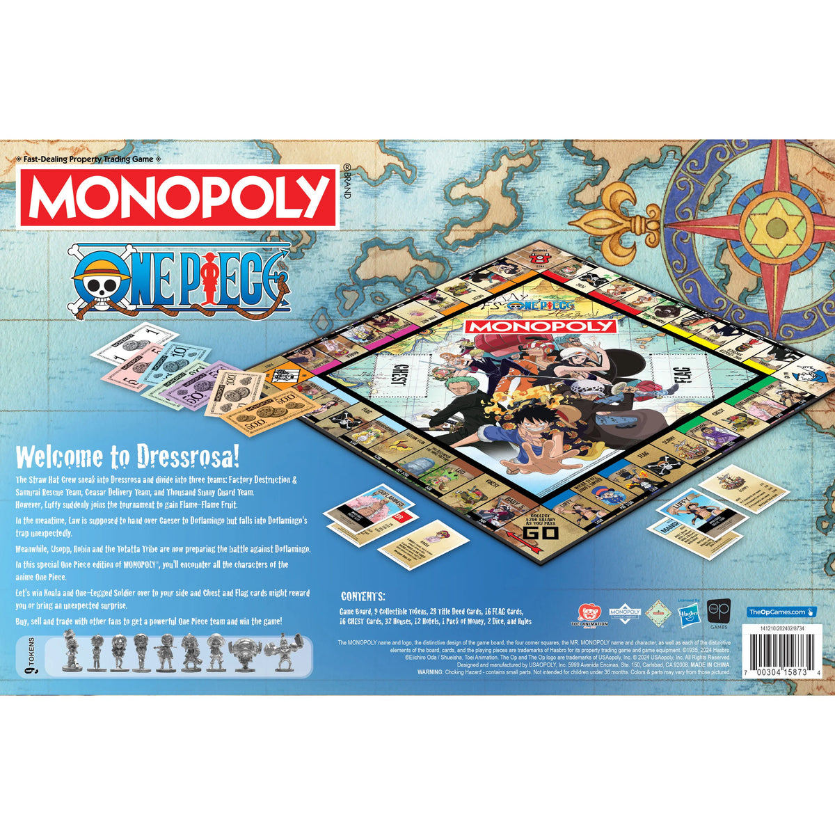 Monopoly One Piece board game packaging with colorful graphics and text.