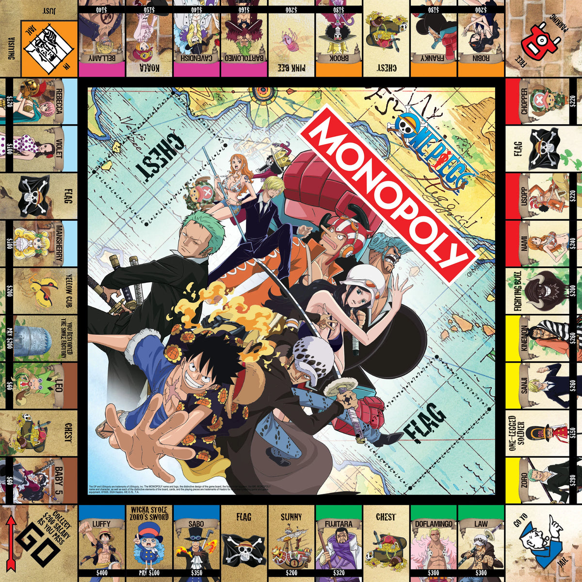 Monopoly game board with One Piece-themed artwork and characters.