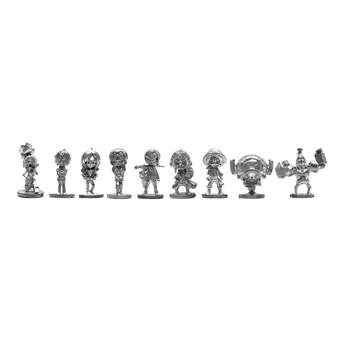 Set of 9 small metallic figurines on a white background