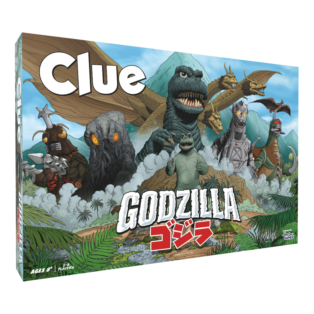 Clue game box featuring Godzilla characters on a mountainous background - Games - Board Games - Clue