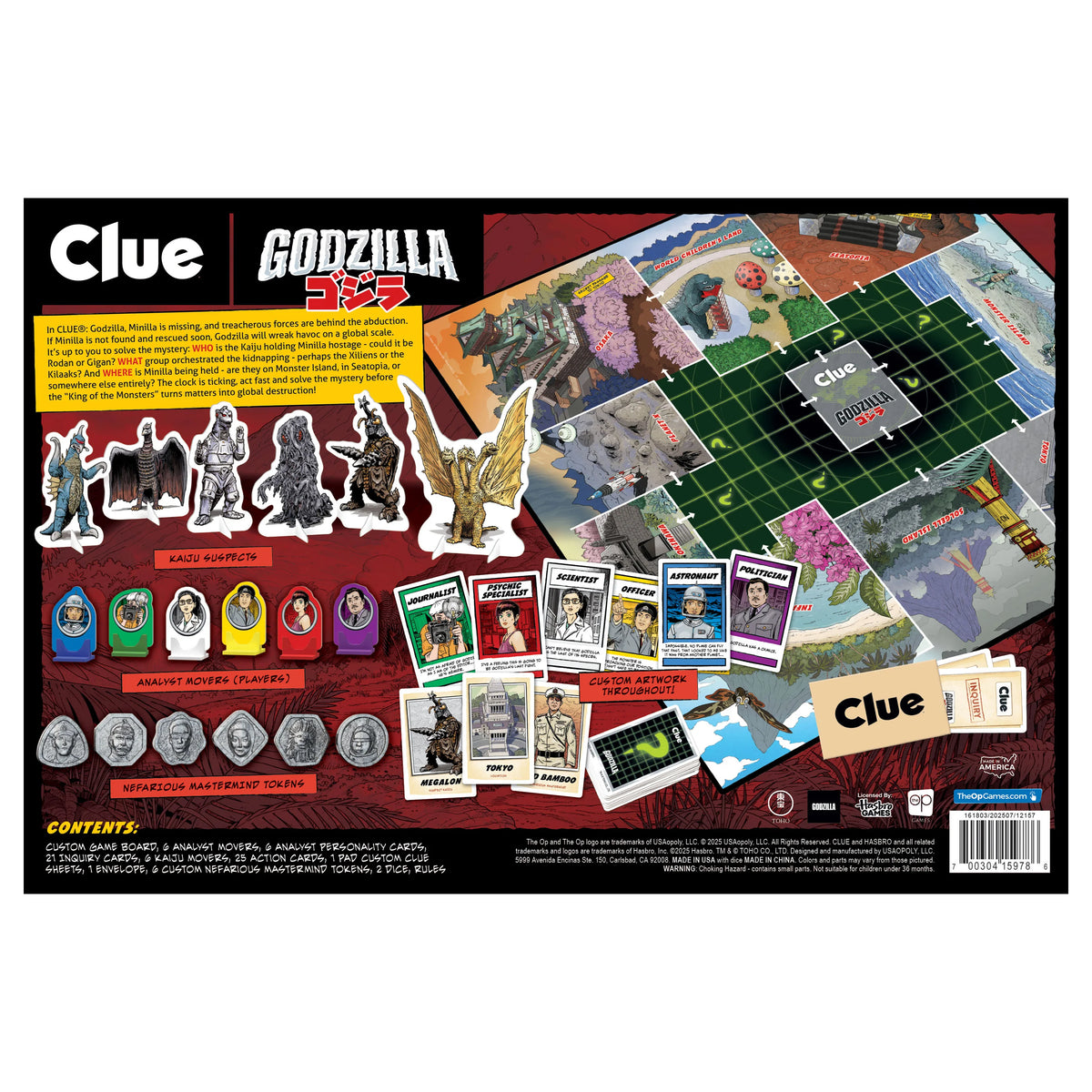Clue Godzilla game board package contents layout on a black background, showing the board, cards, tokens, and character pieces. - Games - Board Games - Clue