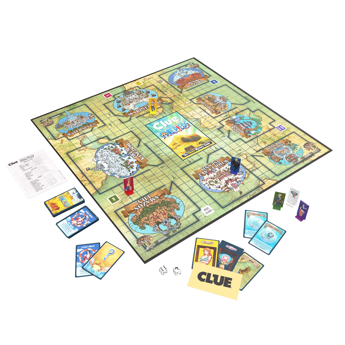 One Piece Version of the Clue board game with cards and pieces on a white background