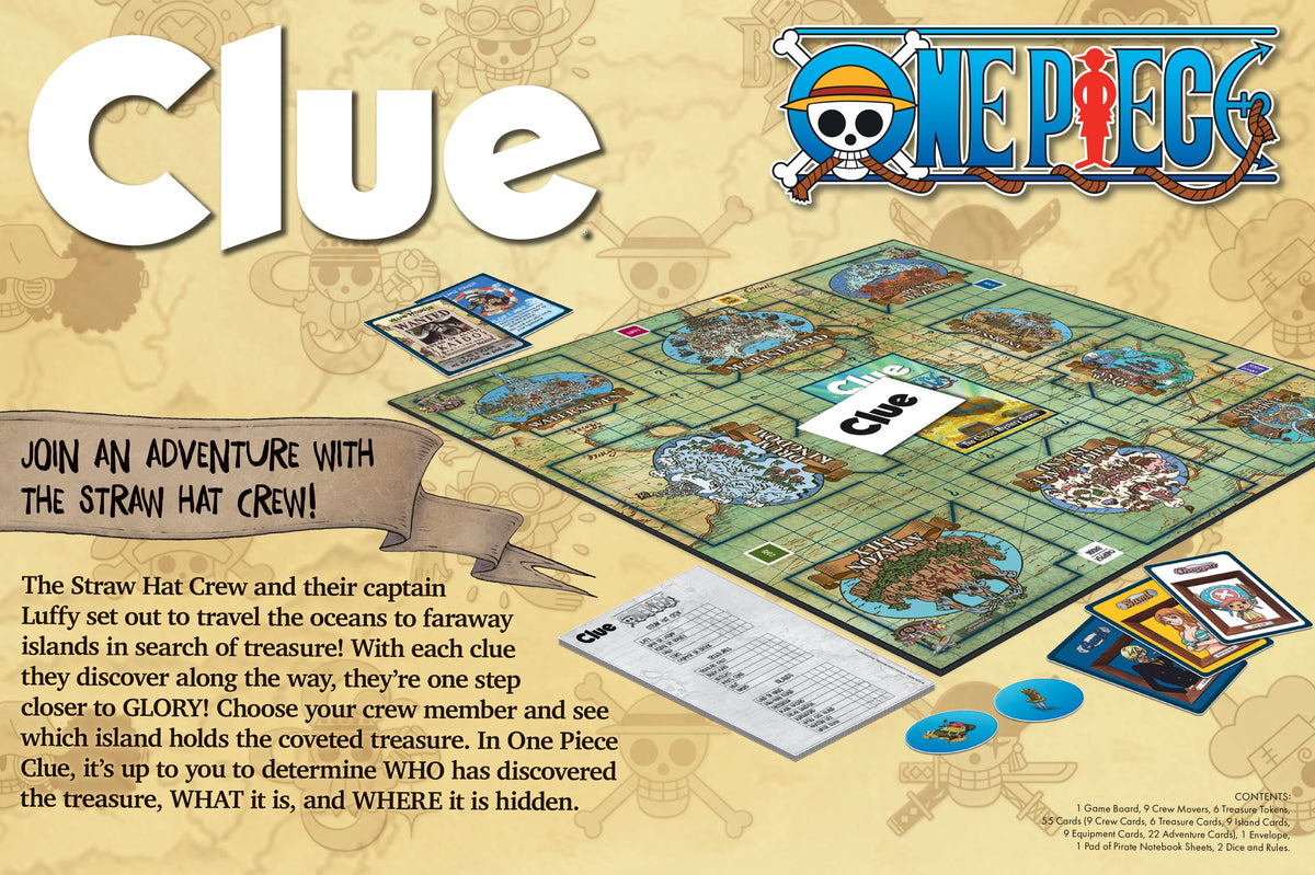 One Piece-themed Clue board game packaging with game pieces and cards.