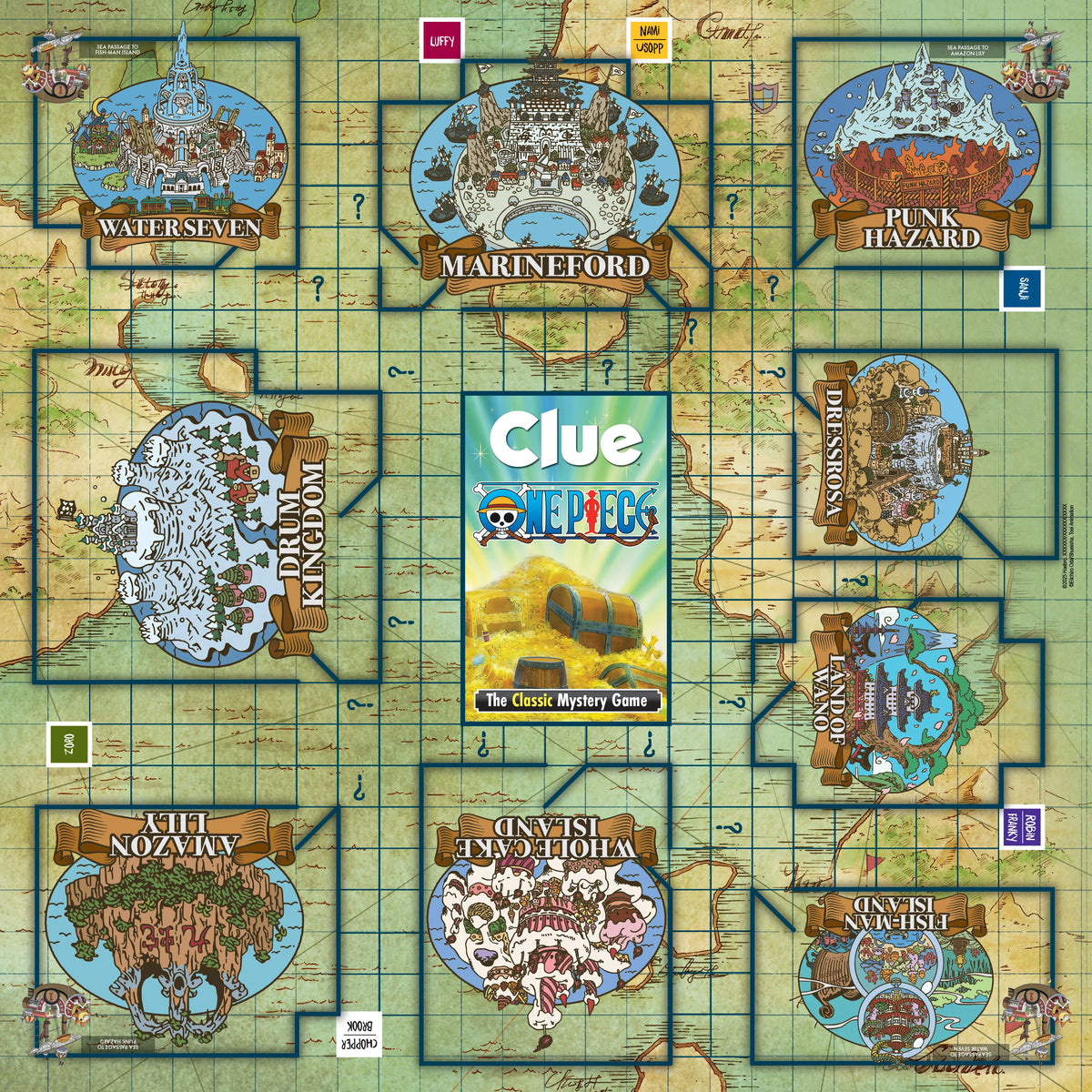 Board game map with 'Clue' and 'One Piece' themed regions