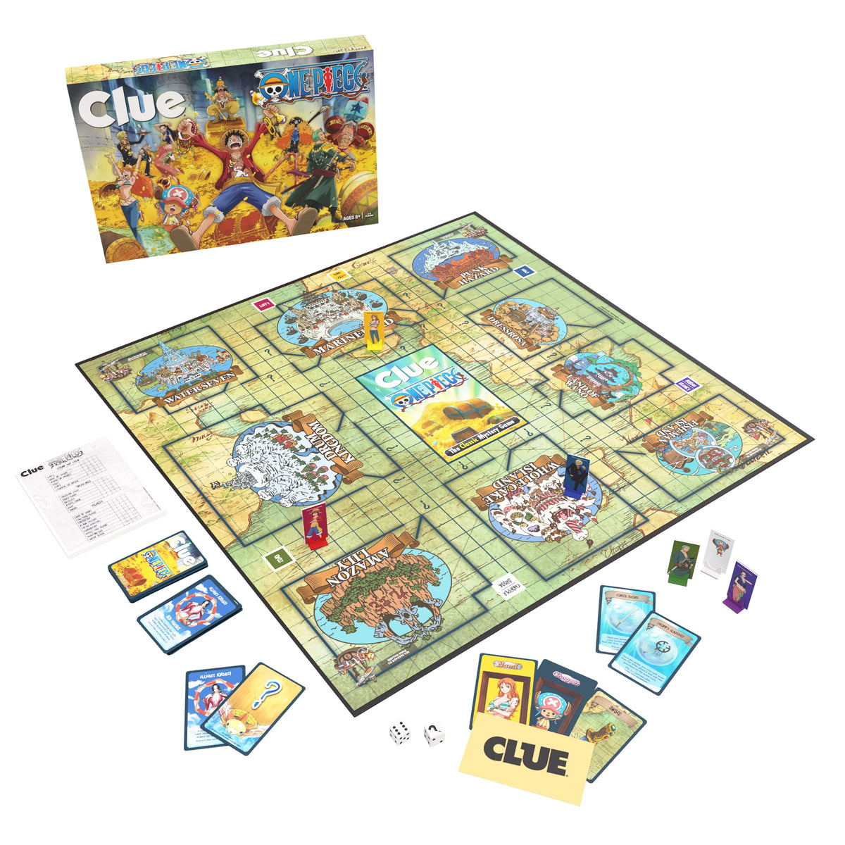 One Piece Edition of the Clue board game with cards and box on a white background