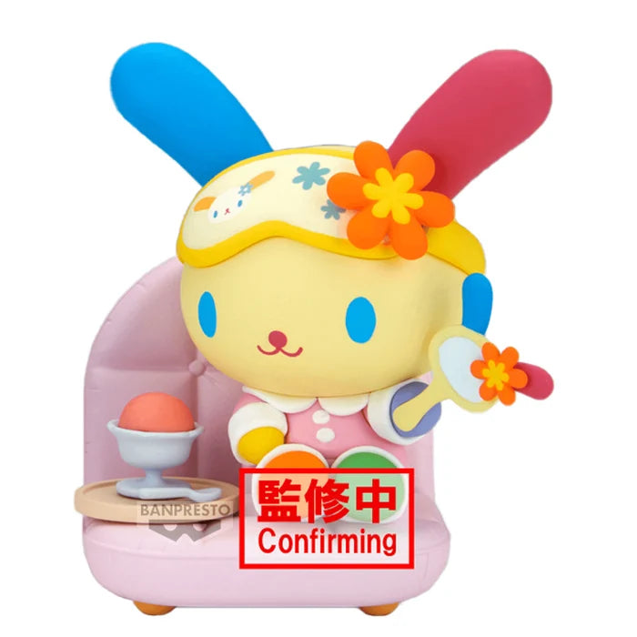 Sanrio Usahana Nakayoshi Memories figure seated on a pink couch while looking into a handheld mirror. - Action Figures - Anime