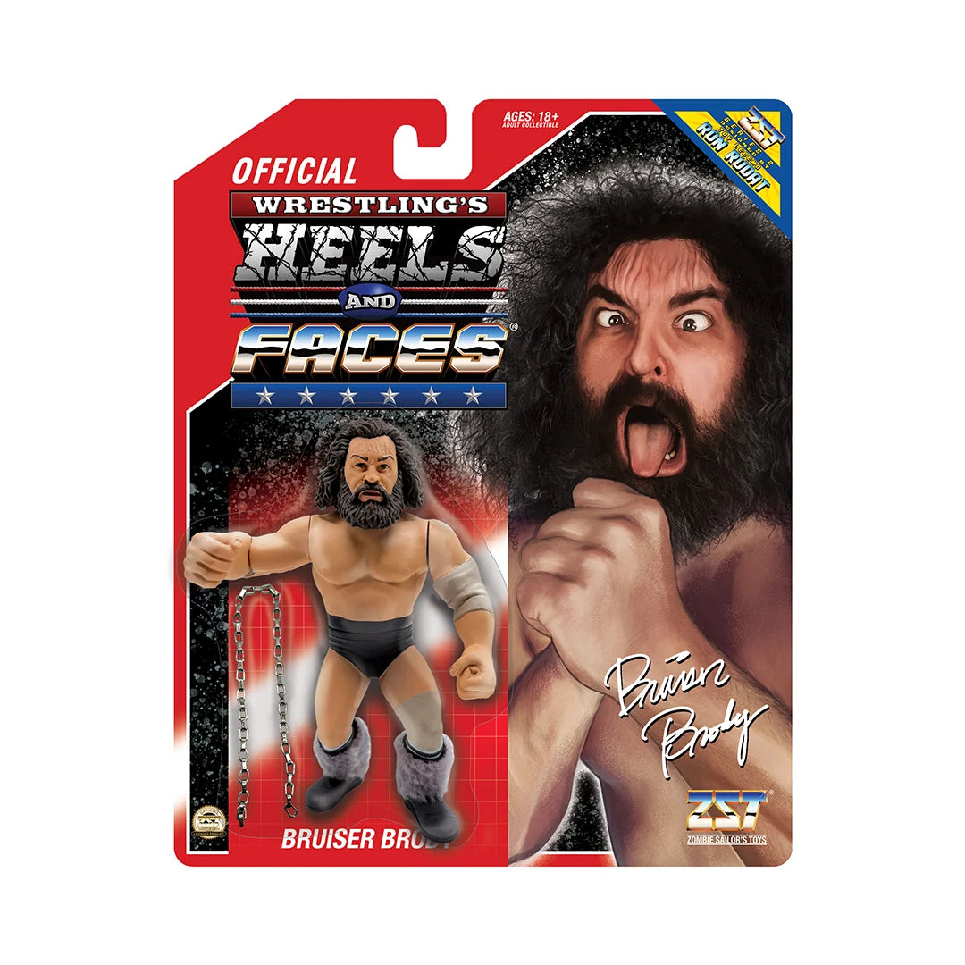Action figure packaging for 'Wrestling's Heels and Faces' series featuring Bruiser Brody.