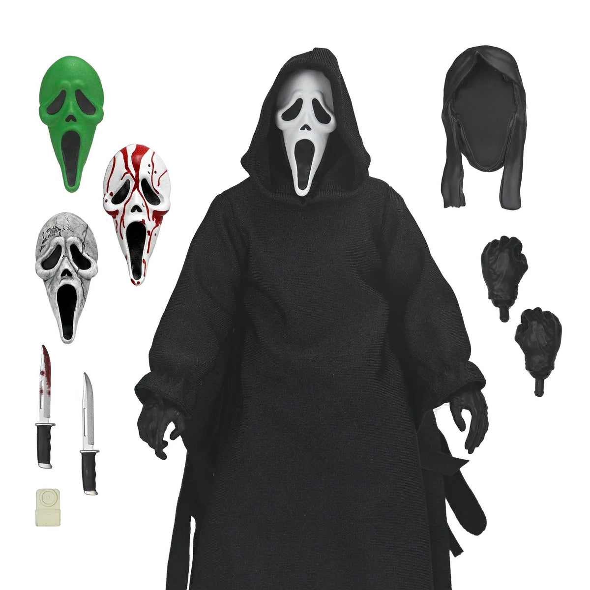 Costume set with black robe, masks, and accessories on a white background - Action Figures - Horror