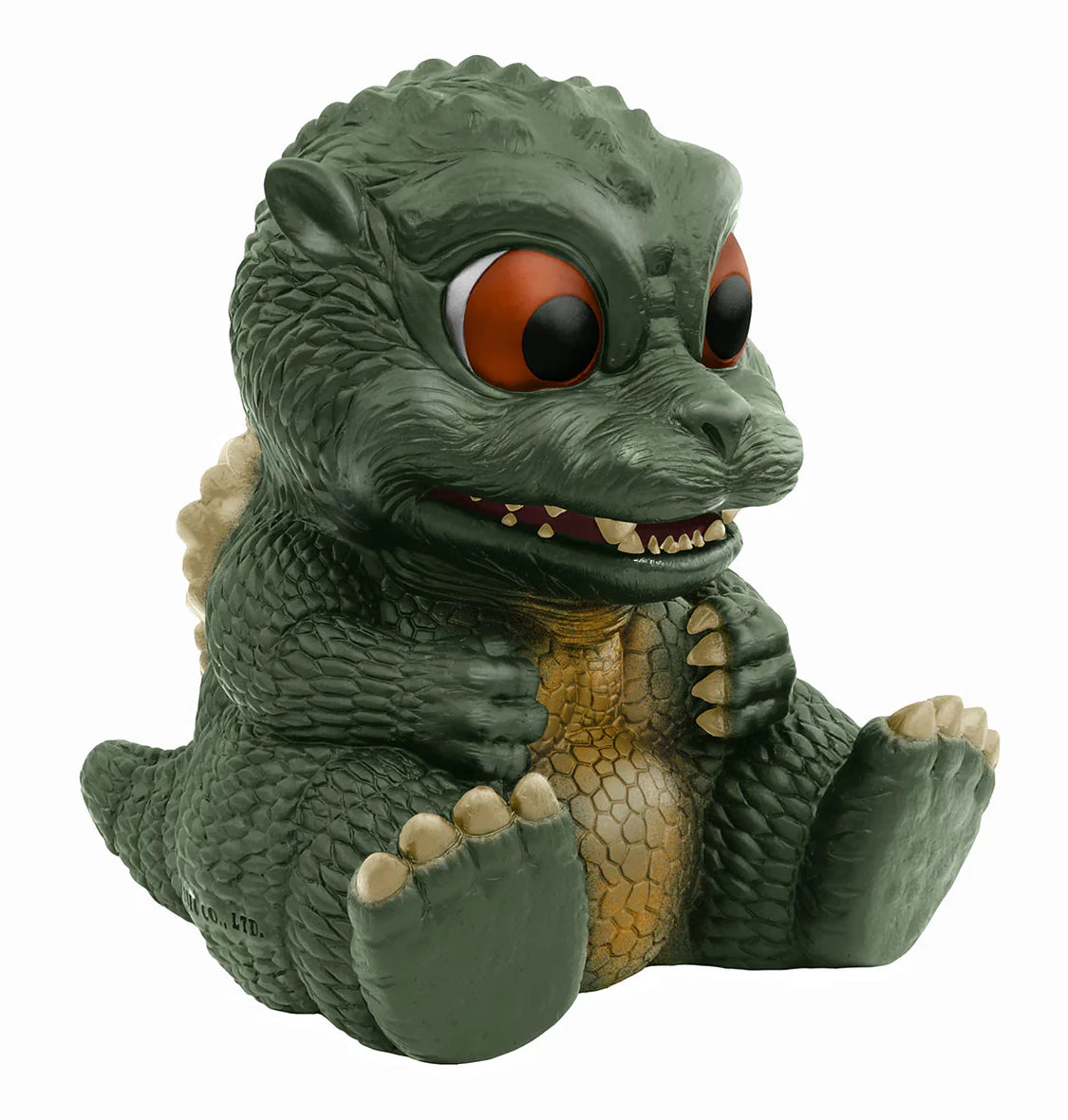 Toy figure of a green creature with large red eyes on a white background