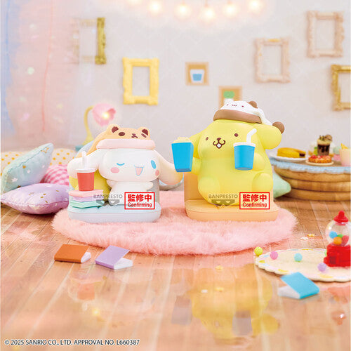 Two cartoon character plush toys sitting on a pink rug with a soft, cozy background. - Toys