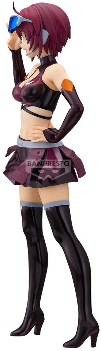 Action figure with purple hair and outfit, standing on a white background