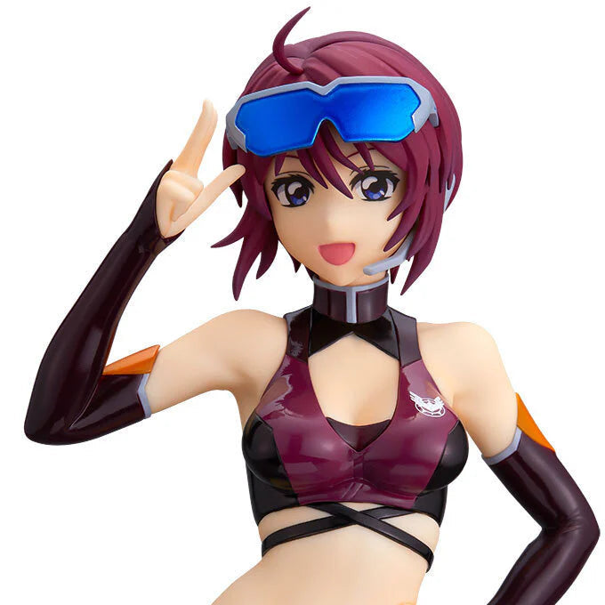 Figurine of a LUNAMARIA HAWKE with purple hair and outfit, wearing goggles, on a white background.