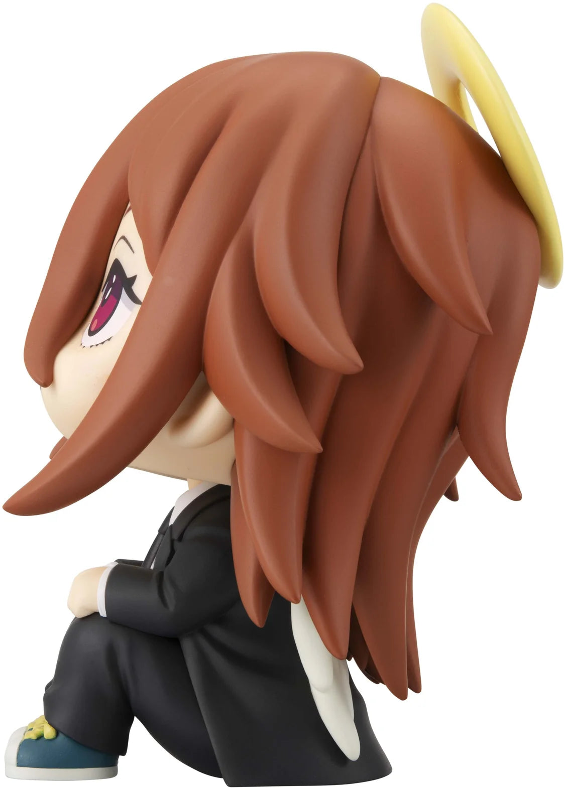 Angled view of the Angel Devil Look Up figure showing his seated pose, golden halo, and feathered wings. - Toys