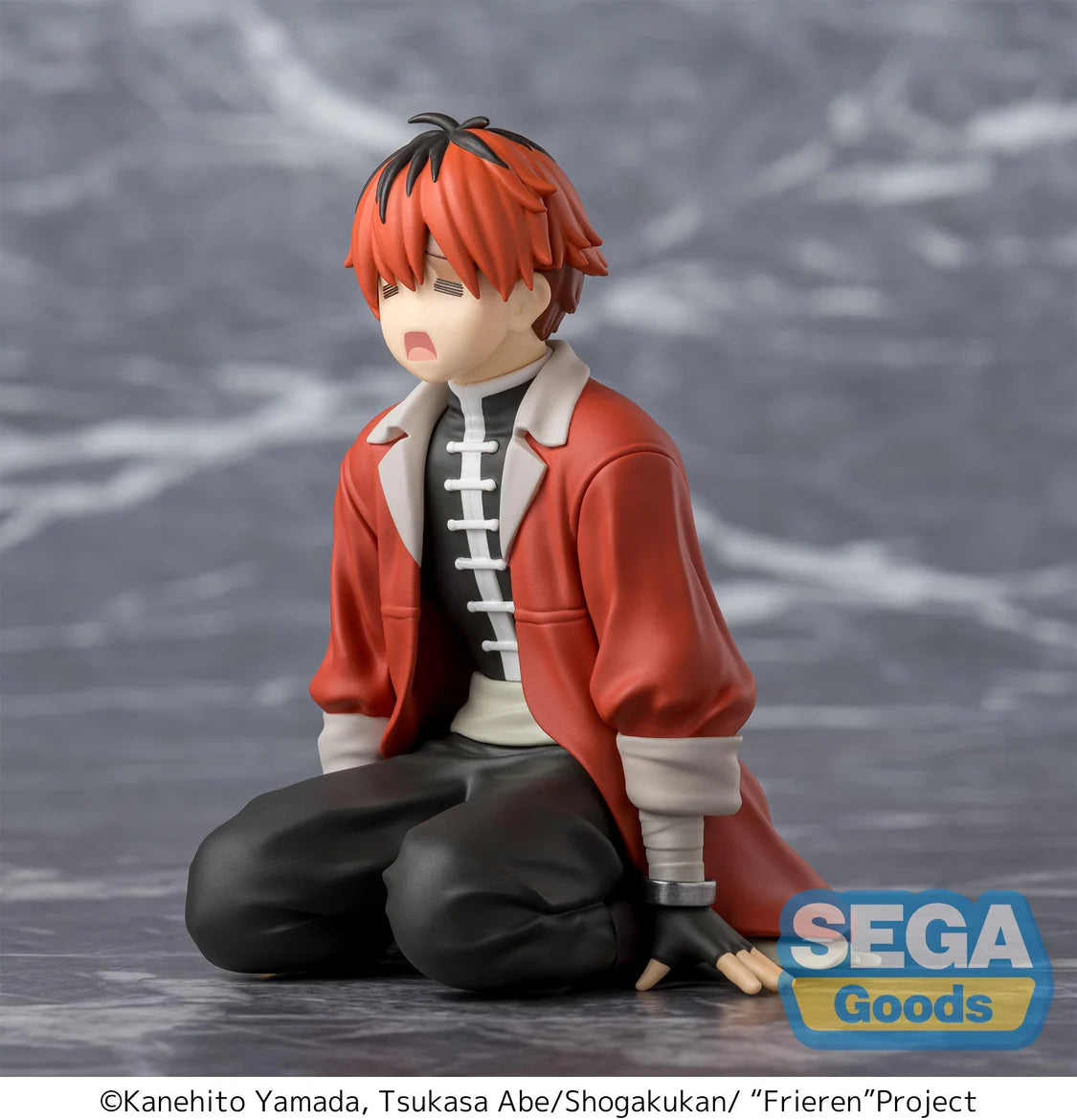 Figurine of Stark in a red coat and black pants on a gray background with Sega Goods logo. - Action Figures - Anime