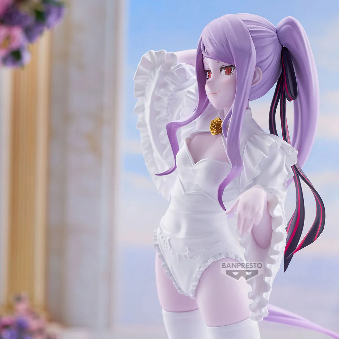 Shalltear figurine with purple hair and white outfit against a blurred background - Statues