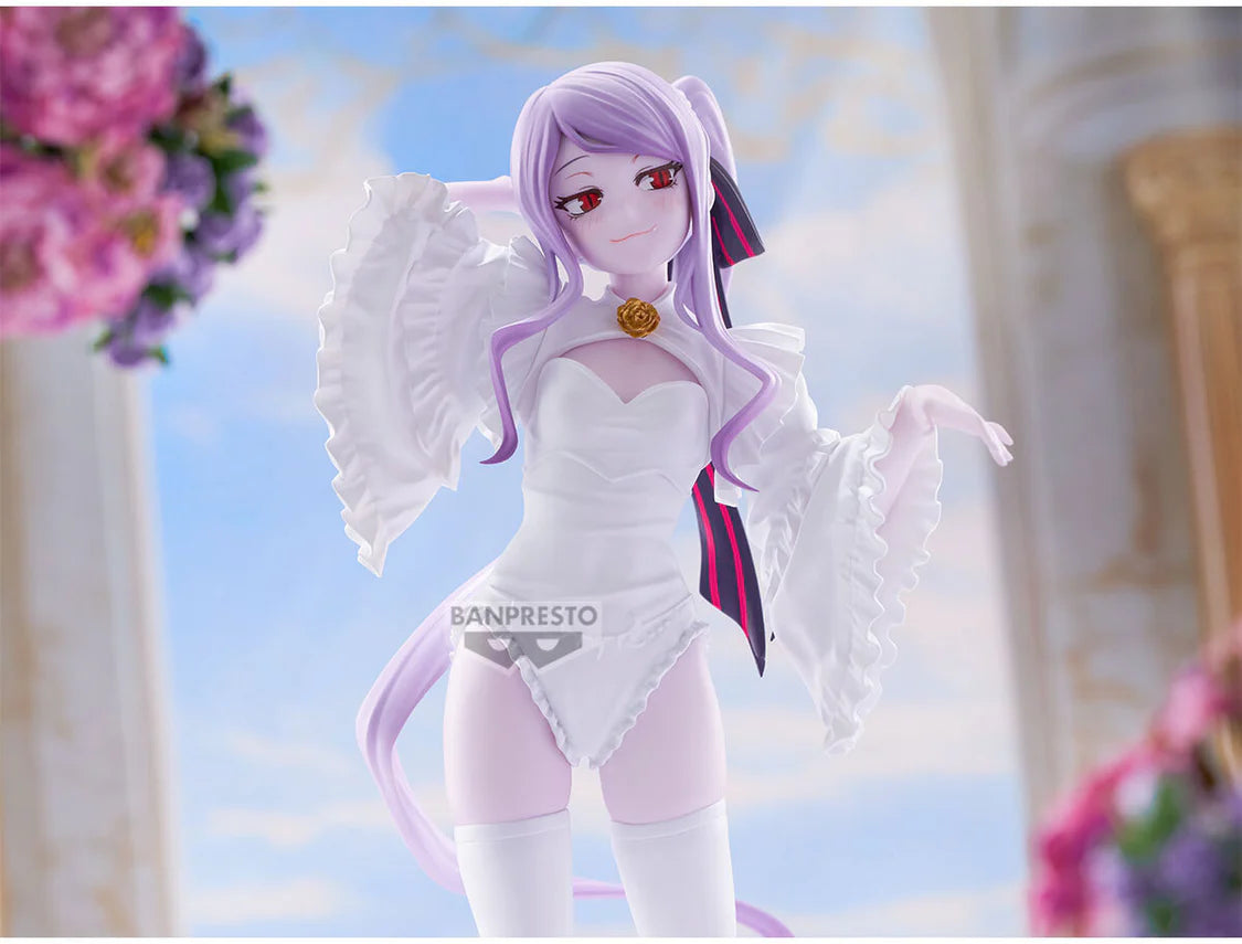 Shalltear Figurine with purple hair and white outfit in a decorative setting, featuring Banpresto branding. - Statues
