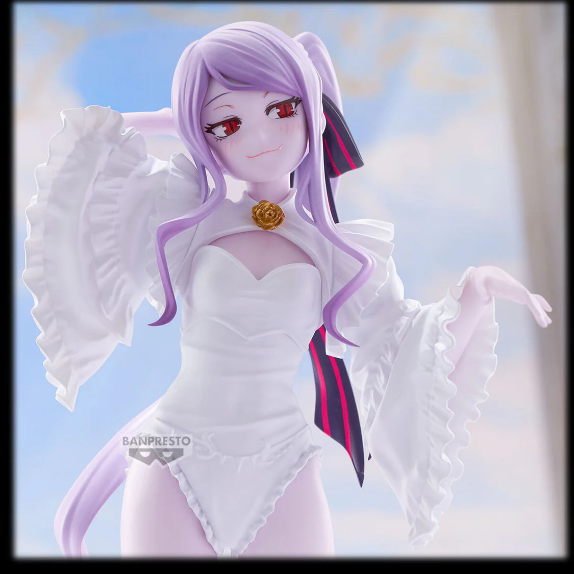 Shalltear figurine with purple hair and white outfit against a light blue background - Statues