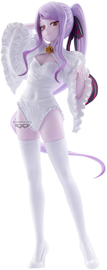 A Shalltear figurine of a female character with lavender hair in twin buns, wearing a white ruffled outfit with thigh-high stockings and a small tail, shown against a plain white background. - Statues