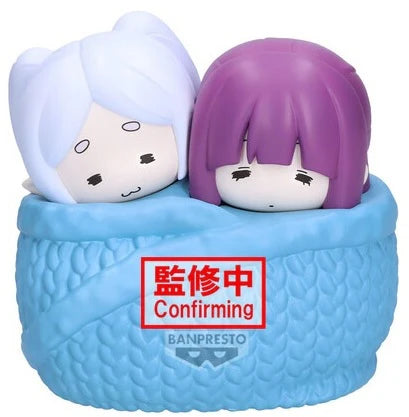 A Banpresto collectible figure of two anime characters, Frieren and Fern, resting in a light blue textured bed. - Action Figures - Anime