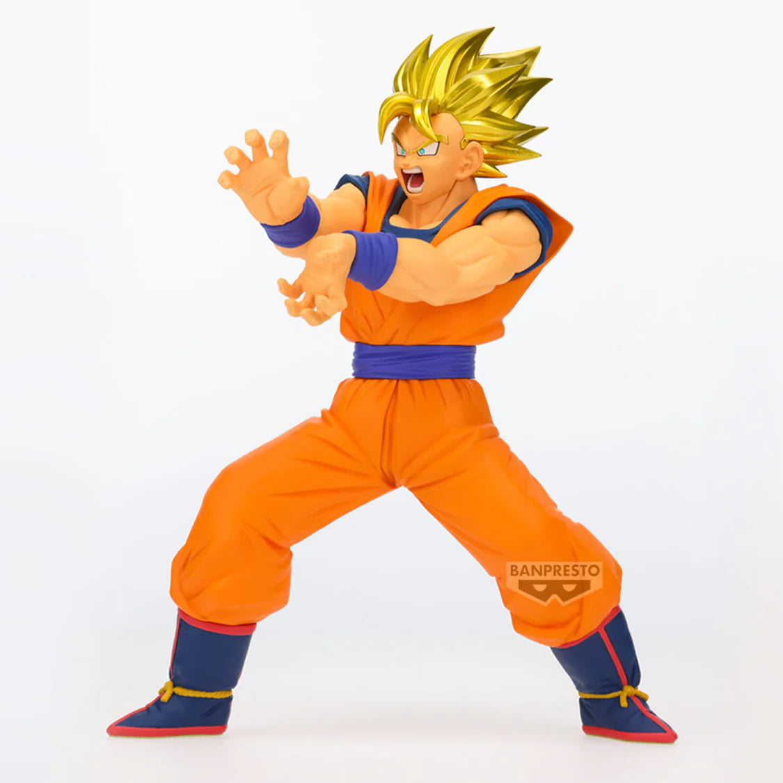 Goku Action figure in orange and blue outfit with 'Banpresto' branding on a white background - Statues