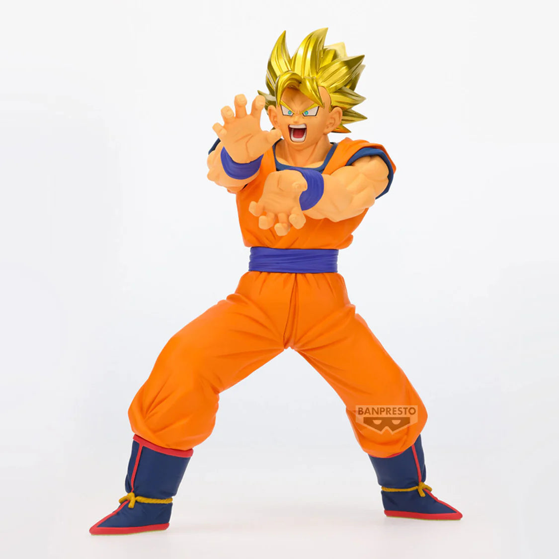 Goku Action figure in orange and blue outfit with 'Banpresto' branding on a white background - Statues