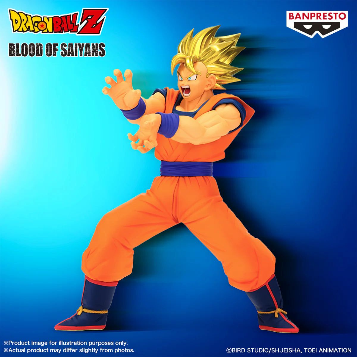 Action figure from Dragon Ball Z with 'Blood of Saiyans' text on a blue background - Statues
