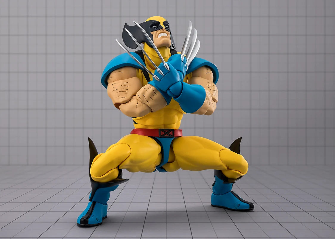 Wolverine S.H.Figuarts figure crouched in a fighting-game entrance pose with claws drawn.