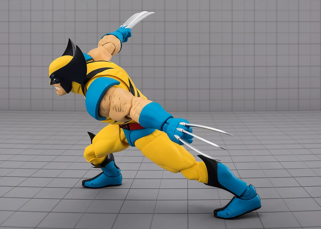Wolverine S.H.Figuarts figure leaping with both sets of adamantium claws extended.