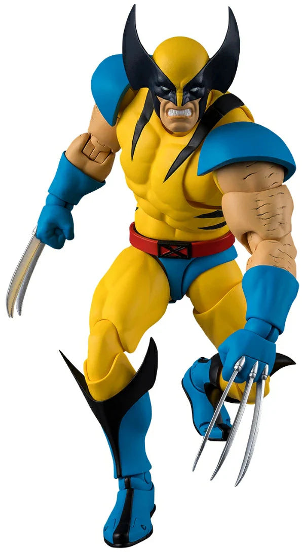Wolverine Gamerverse S.H.Figuarts action figure in blue-and-yellow costume with adamantium claws extended.