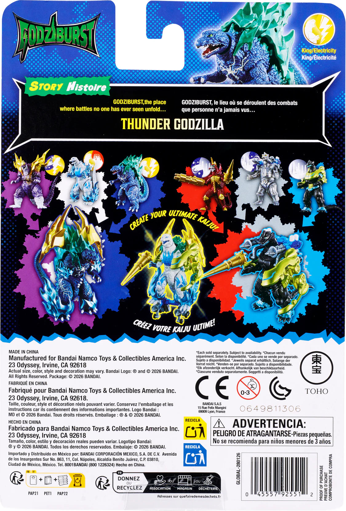 Back packaging of a Bandai Namco Godzombie Thunder Godzilla toy set, featuring character artwork, product details, and regulatory text on a dark blue background. - Action Figures - Movies - Godzilla & Kong
