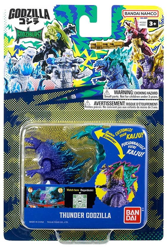 BANDAI Namco Godzilla Thunder Godzilla toy figure in its original blister card packaging, featuring a purple and blue Godzilla figure with accessories. - Action Figures - Movies - Godzilla & Kong