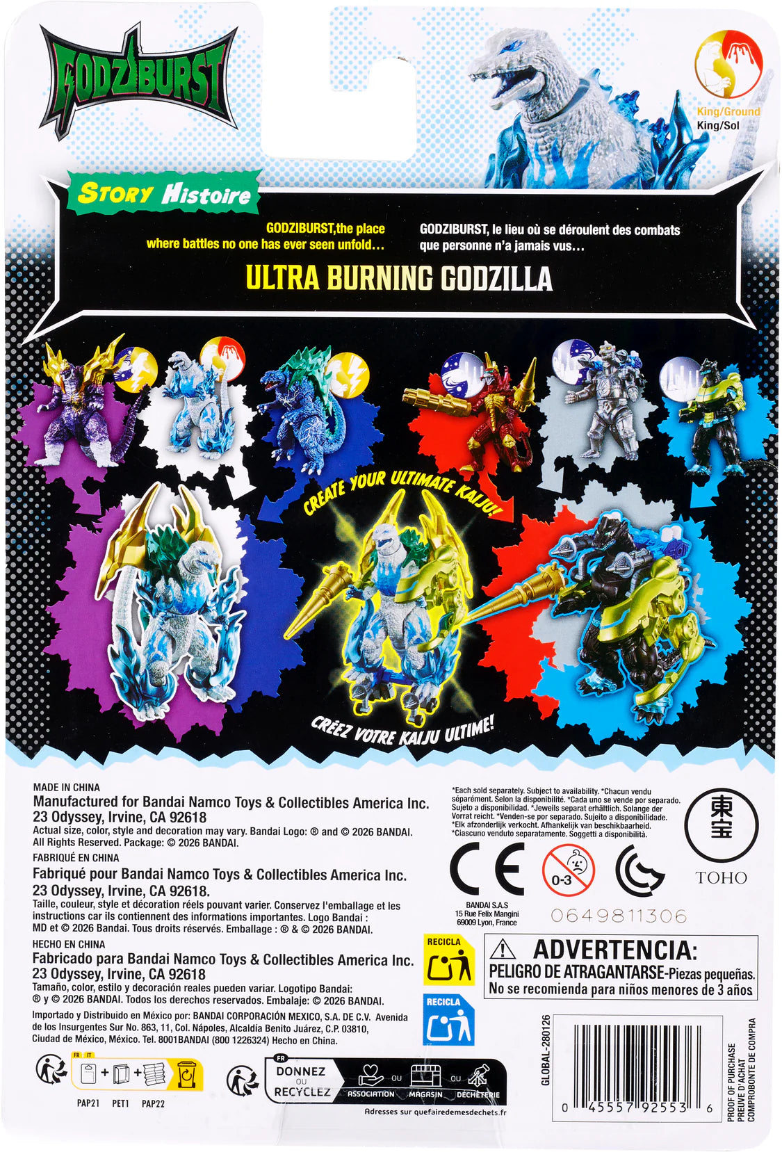 Back packaging of the Bandai Namco Toys 'Godzouburst Ultra Burning Godzilla' toy set, featuring colorful character illustrations, product details, and regulatory logos on a white background.