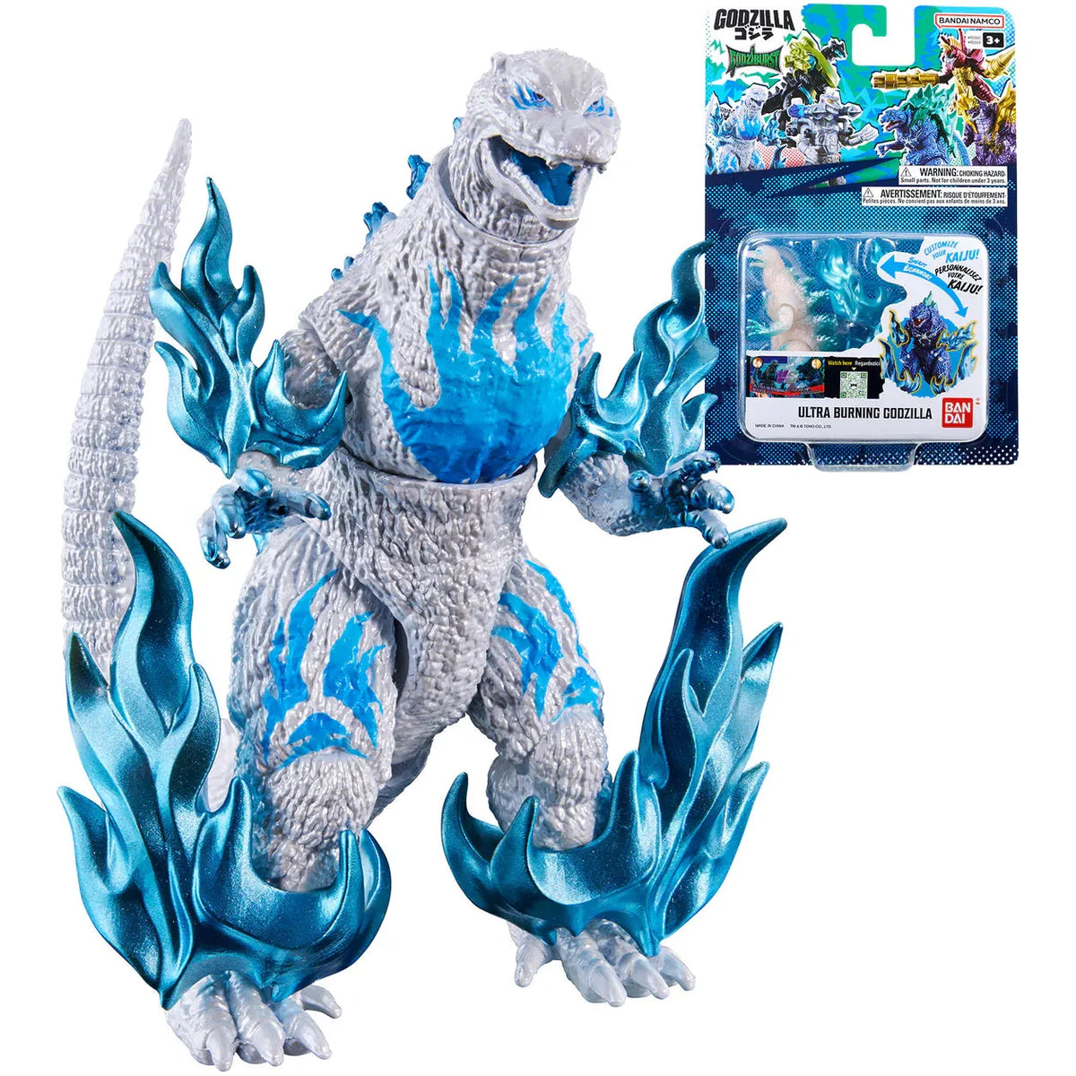 Godzilla action figure with translucent blue flame-like effects and a blister pack package.