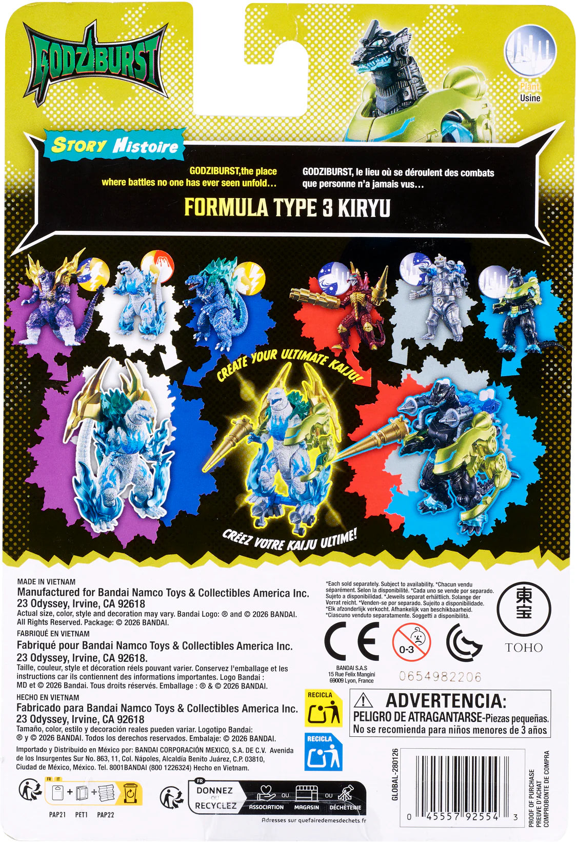 Back of a Godziburst toy packaging card for Formula Type 3 Kiryu, showing colorful character illustrations, product details, warnings, and logos on a white background. - Action Figures - Movies - Godzilla & Kong