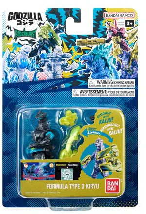 BANDAI Namco Godzilla Kaiju Sentai Formula Type 3 Kiryu action figure in its original blister card packaging, featuring a black armored figure and a green accessory against a blue and yellow background. - Action Figures - Movies - Godzilla & Kong