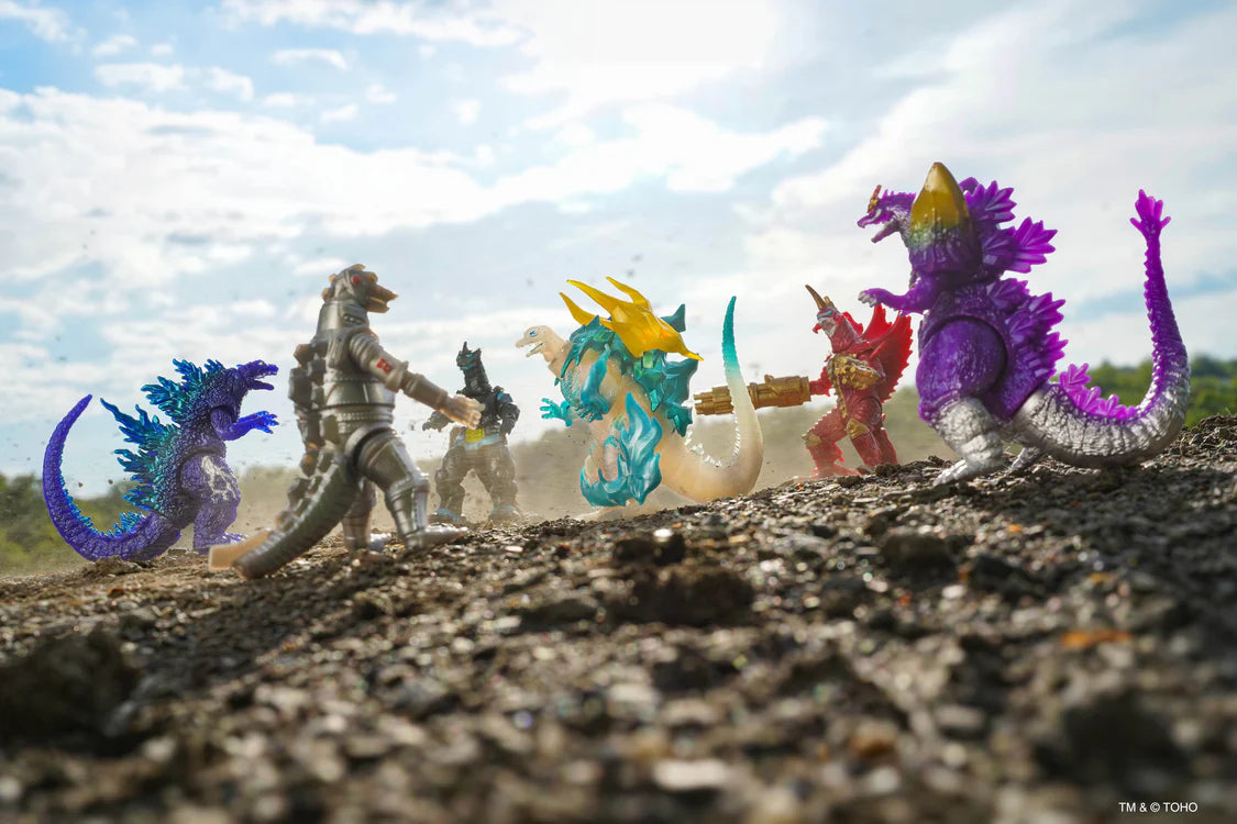 A group of Kaiju action figures ith custom parts posed in a circle outdoors - Action Figures - Movies - Godzilla & Kong