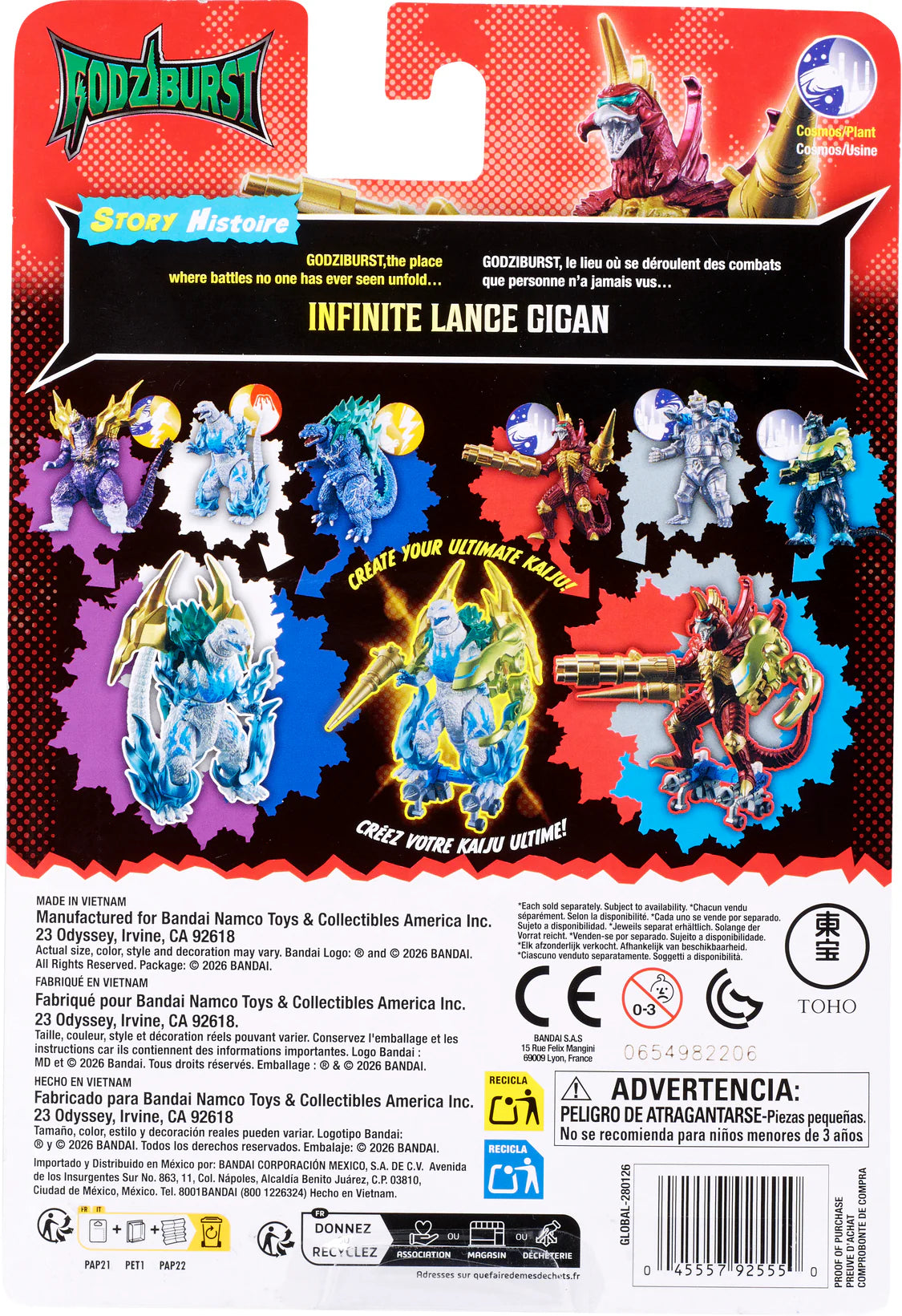 Back of a Godziburst toy package featuring colorful character illustrations, product title 'INFINITE LANCE GIGAN,' warning labels, barcodes, and regulatory logos on a white background. - Action Figures - Movies - Godzilla & Kong