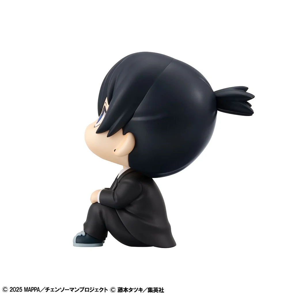 Angled view of the Aki Hayakawa Smiling Ver. figure showing his seated pose, dark uniform, and tied-back hair. - Toys