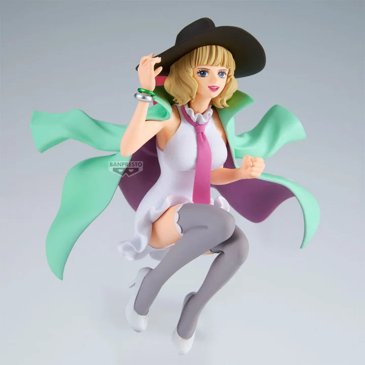 Figurine ofMiss Buckingham Stussy from One Piece with a black hat, white outfit, and green cape on a gray background - Action Figures - Anime - One Piece