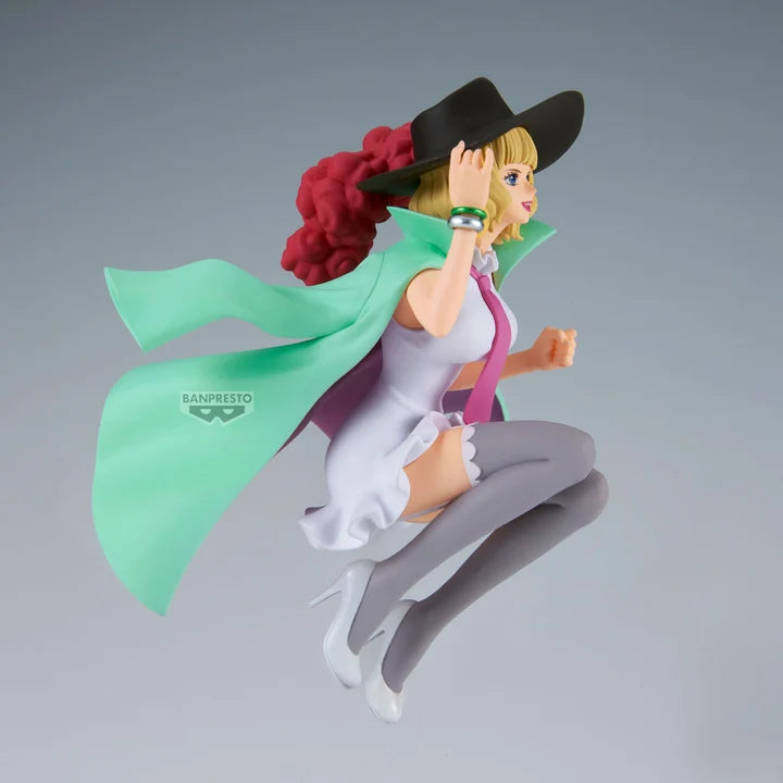 A detailed anime figurine of Miss Buckingham Stussy from One Piece in a white dress, pink tie, gray stockings, and a black hat with a red and mint green hair accessory, posed mid-air against a gray gradient background. - Action Figures - Anime - One Piece