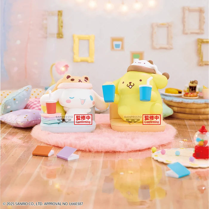 Banpresto Sanrio Pompompurin Nakayoshi Memories Relaxing Time at Home figure and packaging. - Action Figures - Anime