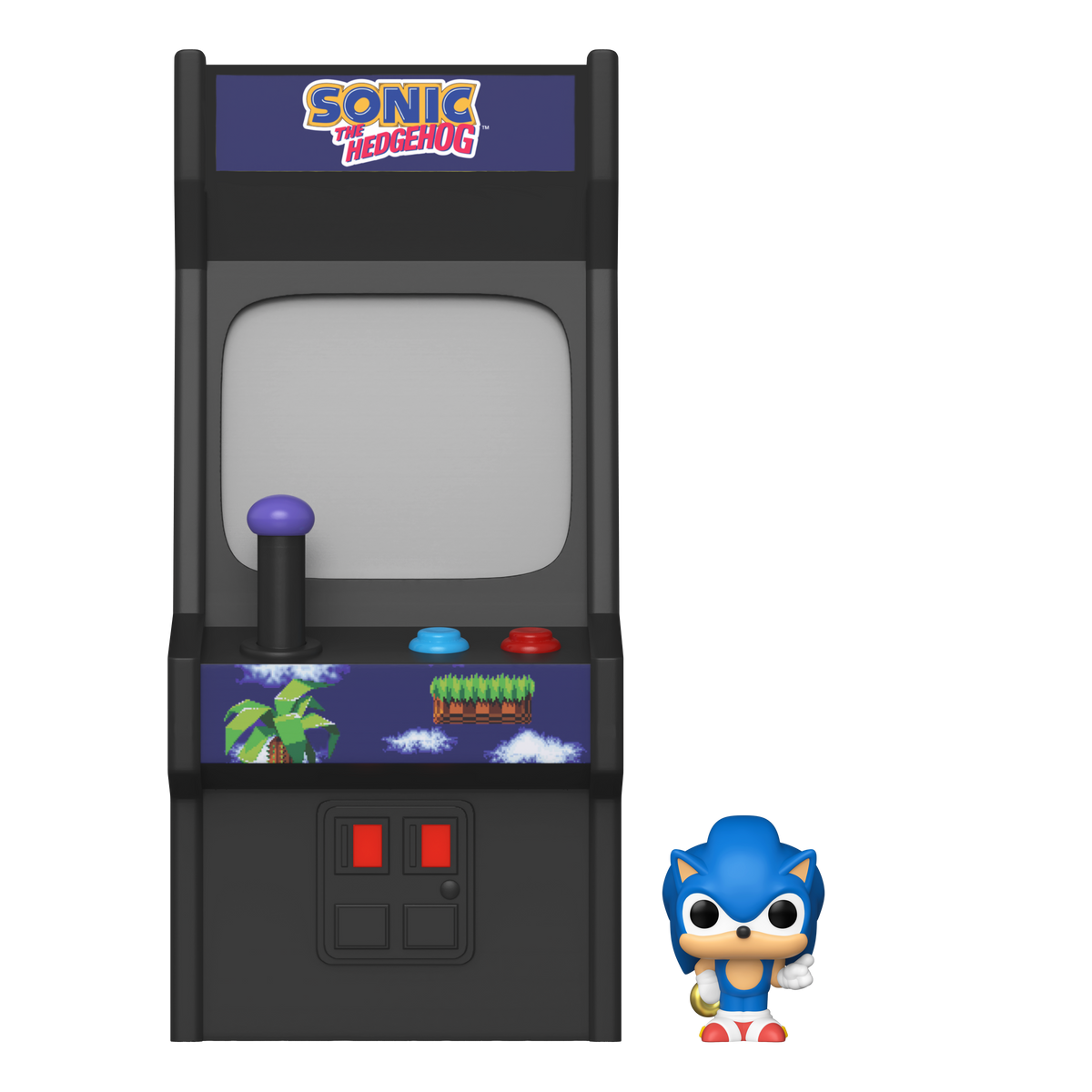 Sonic the Hedgehog Bitty Pop! figure displayed beside the blue stand-up arcade cabinet.