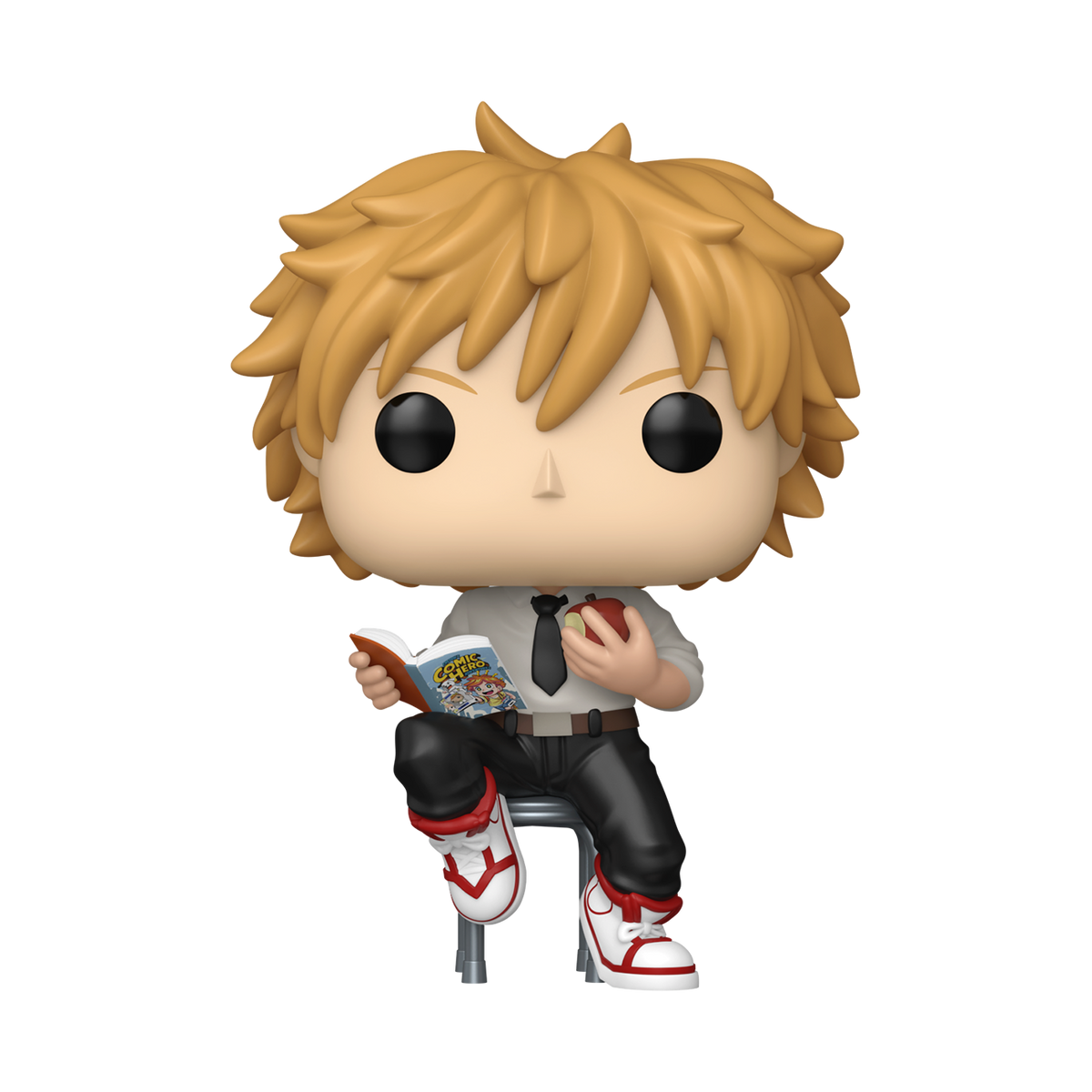 Funko Pop! vinyl figure of the character Denji from Chainsaw Man with blonde hair and a tie, sitting on a stool reading a comic book - Funko - Funko Pops - Common