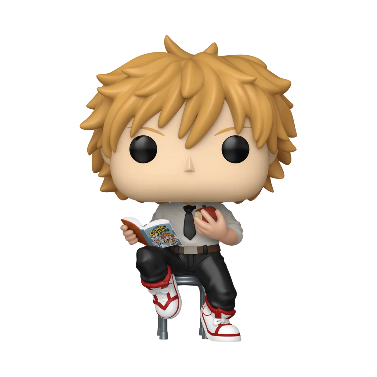 Funko Pop! vinyl figure of the character Denji from Chainsaw Man with blonde hair and a tie, sitting on a stool reading a comic book
